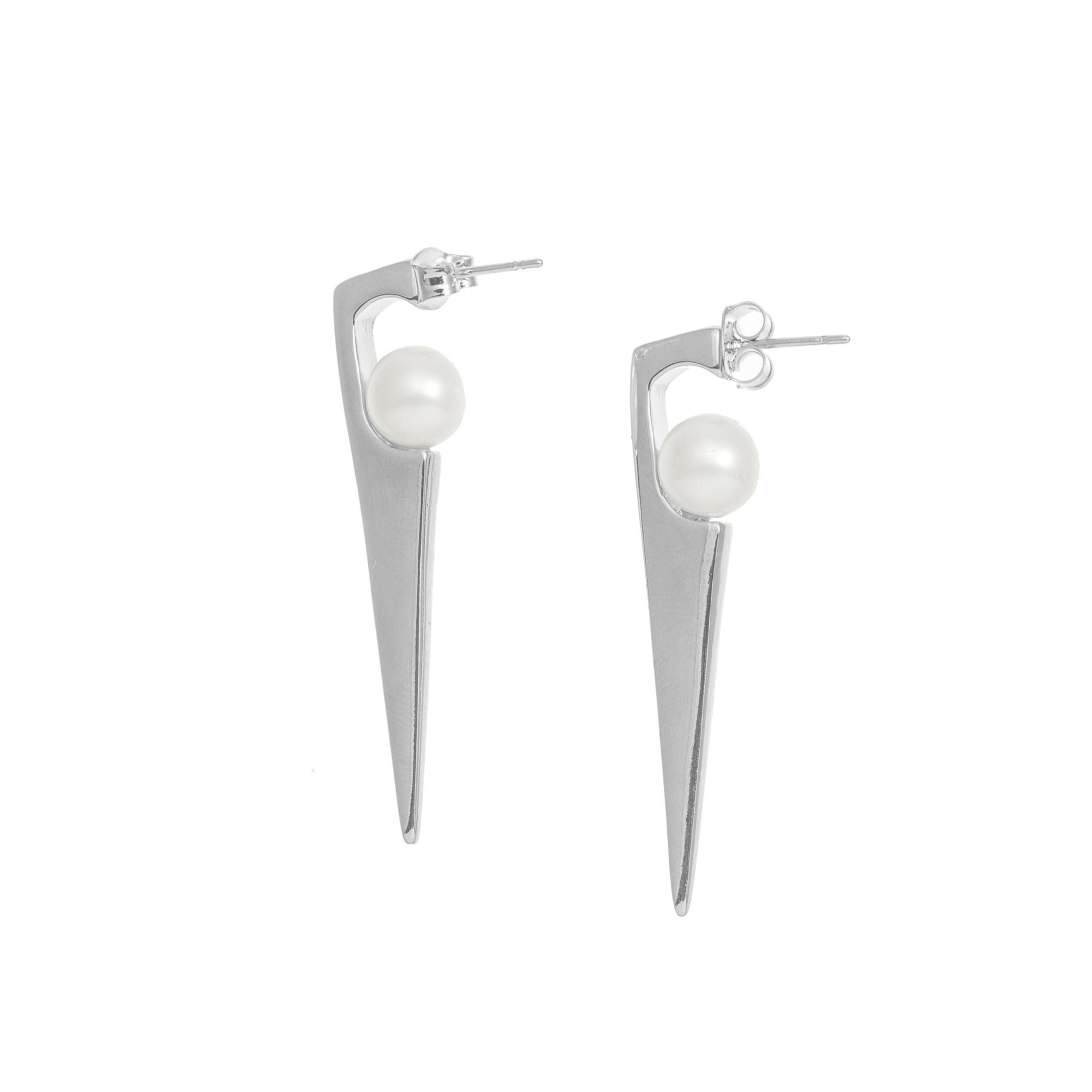 MSE White Pearl Triangular Rhodium Earring